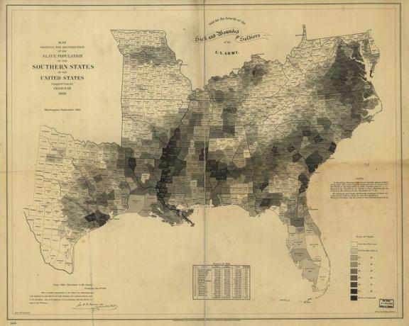 אחוז העבדים באוכלוסייה בכל מחוז של המדינות המחזיקות בעבדים ב-1860.