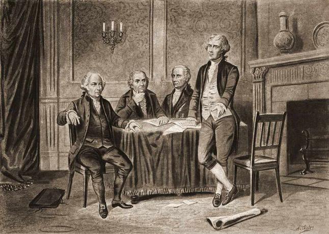 איור של ארבעה מהאבות המייסדים של ארצות הברית, משמאל, ג'ון אדמס, רוברט מוריס, אלכסנדר המילטון ותומס ג'פרסון, 1774.
