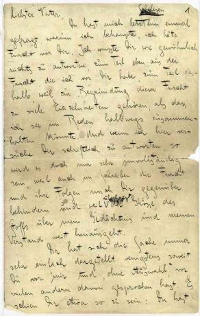 העמוד הראשון של "מכתב לאביו" של קפקא.