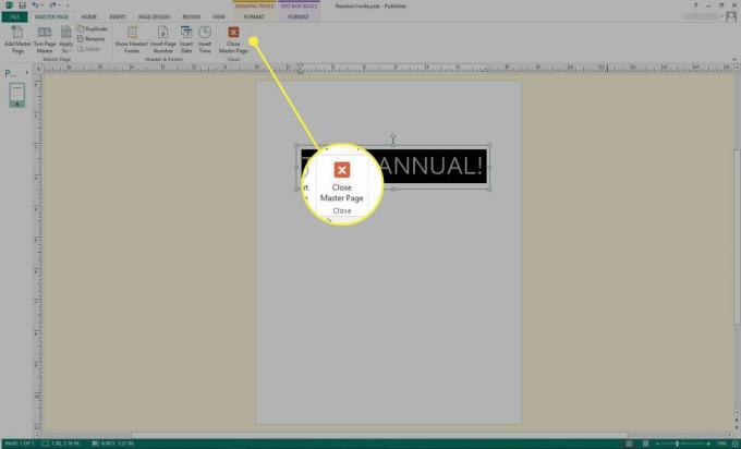 צילום מסך של Microsoft Publisher עם כפתור "Close Page Master" מודגש