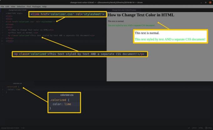 עורך קוד עם HTML וקטעים מודגשים משמאל ותצוגה מקדימה של HTML ותוצאות מודגשות בצד ימין, ולוח עריכה של CSS עם חלקים מודגשים בתחתית