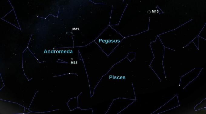 קבוצת הכוכבים פגסוס עם שכניה וכמה חפצים בשמים עמוקים.
