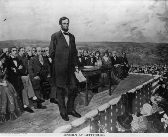 אברהם לינקולן, הנשיא ה-16 של ארצות הברית של אמריקה, נשא את נאומו המפורסם 'כתובת גטיסבורג', 19 בנובמבר 1863.