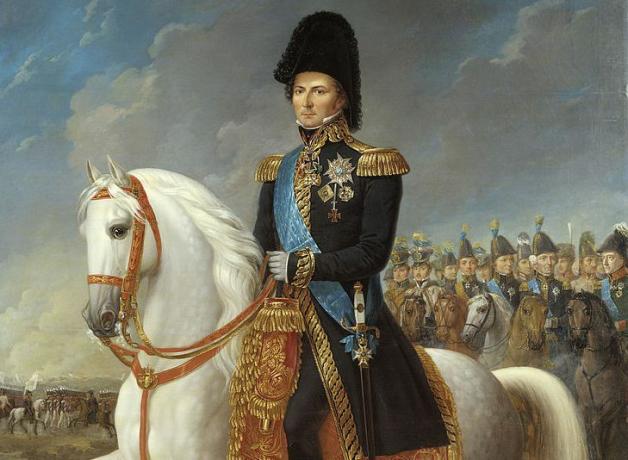ציור של יורש העצר צ'ארלס ג'ון במדים צבאיים על סוס.