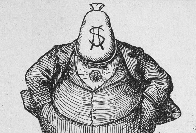 קריקטורה של בוס טוויד עם ראש שקית הכסף מאת תומאס נסט