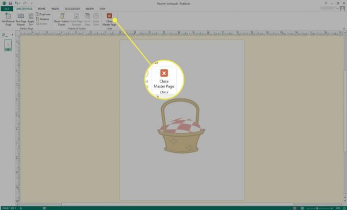 צילום מסך של Microsoft Publisher עם לחצן סגור דף מאסטר מודגש