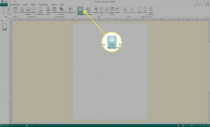 צילום מסך של Microsoft Publisher עם הפקודה Draw Text Box מודגשת