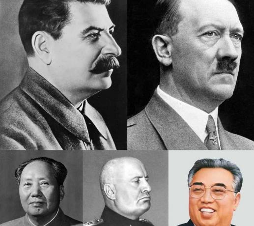 קולאז 'של מנהיגים טוטליטריים (כל שורה - משמאל לימין) ג'וזף סטלין, אדולף היטלר, מאו דזה טונג, בניטו מוסוליני, וקים איל-סונג.