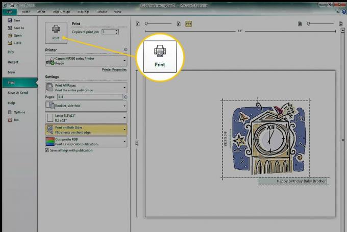 כפתור הדפסה ב- Microsoft Publisher