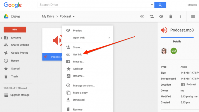 קבל את הקישור בצילום המסך של Google Drive